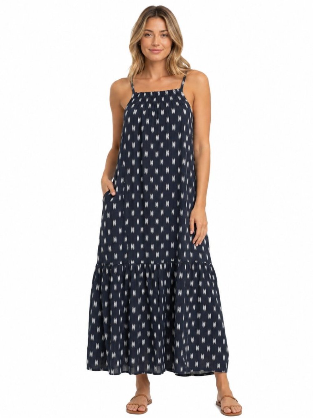 Current/Elliott Navy Ikat Smocked Tiered Cotton Maxi Dress Size 2 (M)
